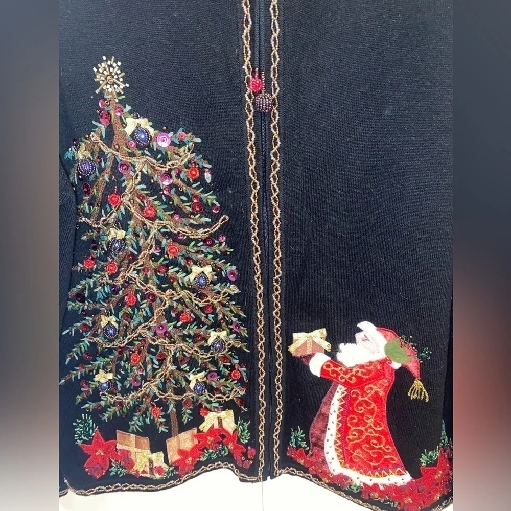 Marisa Christina Christmas Santa and Tree Beaded Sweater